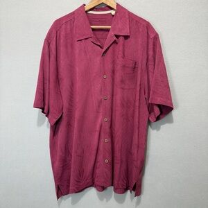 Tommy Bahama Men XL 100% Silk Hawaiian Shirt Palm Leaves Embossed Burgundy Wine